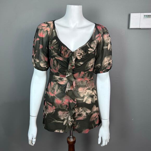 DKNY Top Small Short Sleeve Ruffle Floral Black whimsigoth grunge y2k gauzy pink - Picture 1 of 9